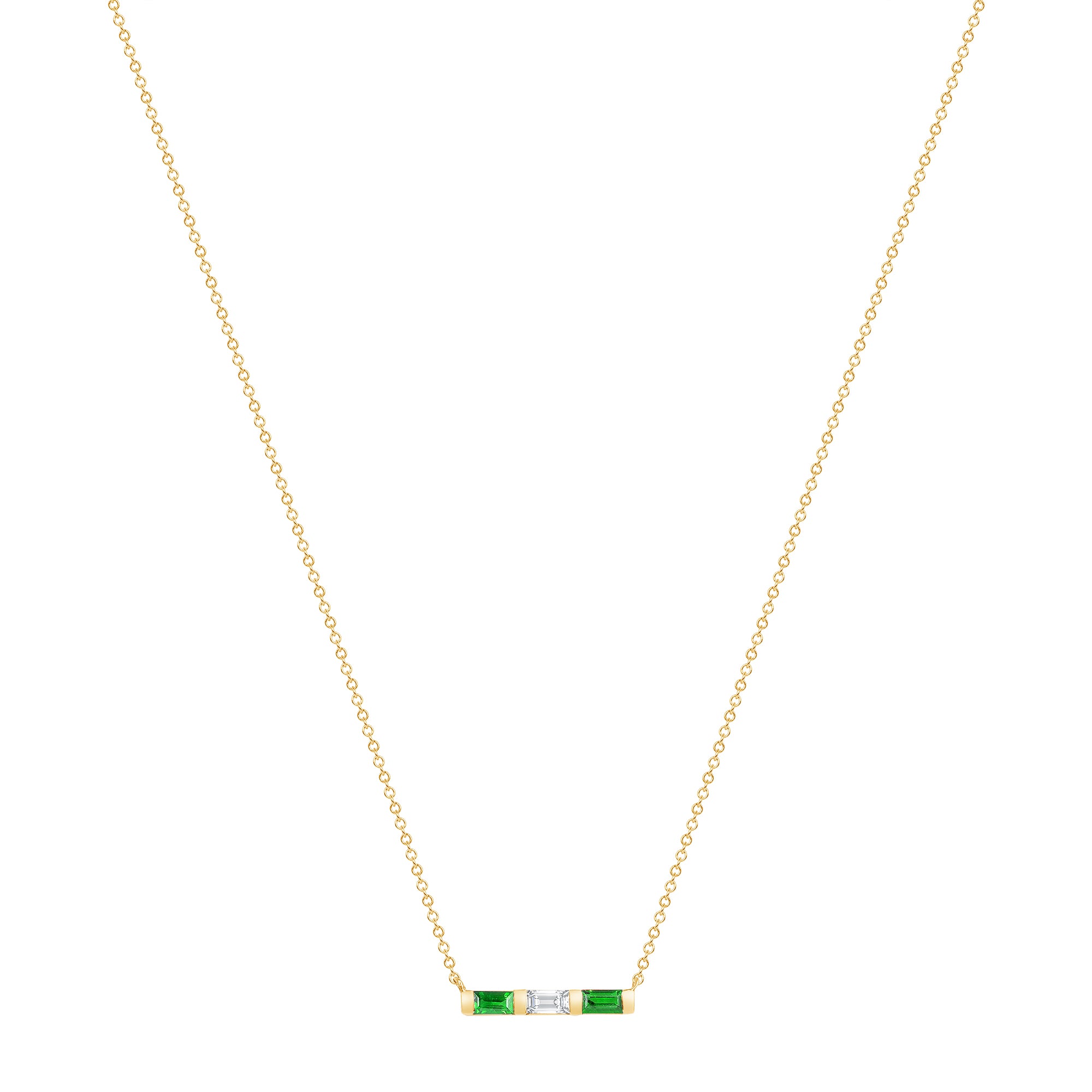 14K Yellow Gold Baguette Emerald and Diamond Bar Pendant - Abtin & Company 