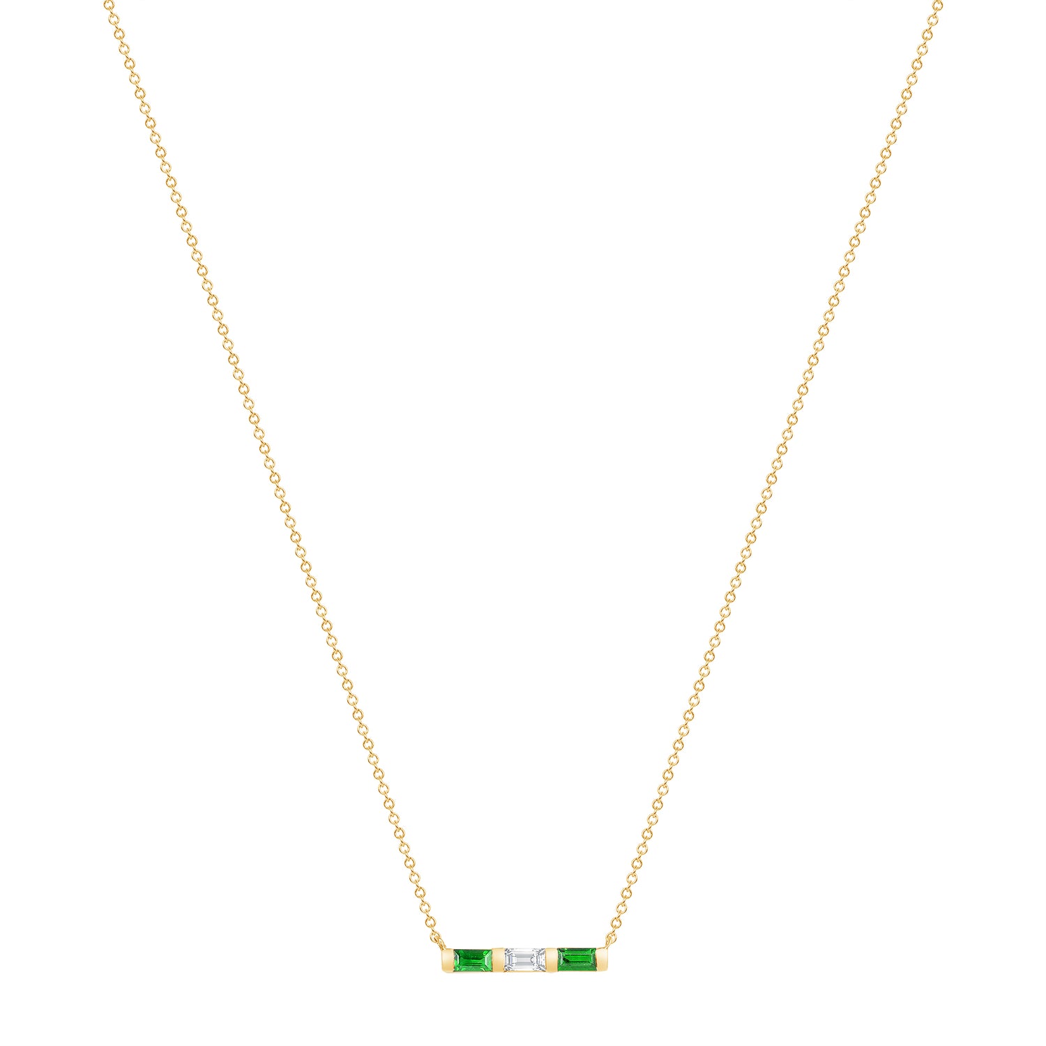 14K Yellow Gold Baguette Emerald and Diamond Bar Pendant - Abtin & Company 