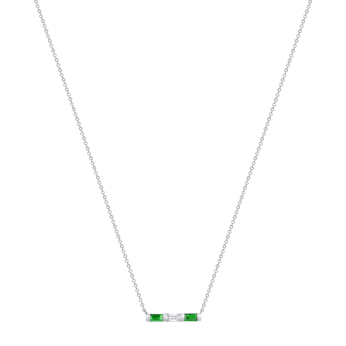 14K White Gold Baguette Emerald And Diamond Bar Pendant - Abtin & Company 