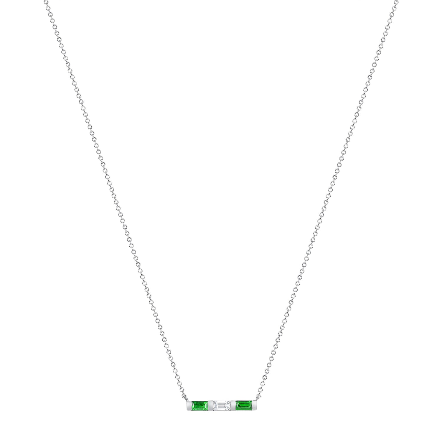 14K White Gold Baguette Emerald And Diamond Bar Pendant - Abtin & Company 
