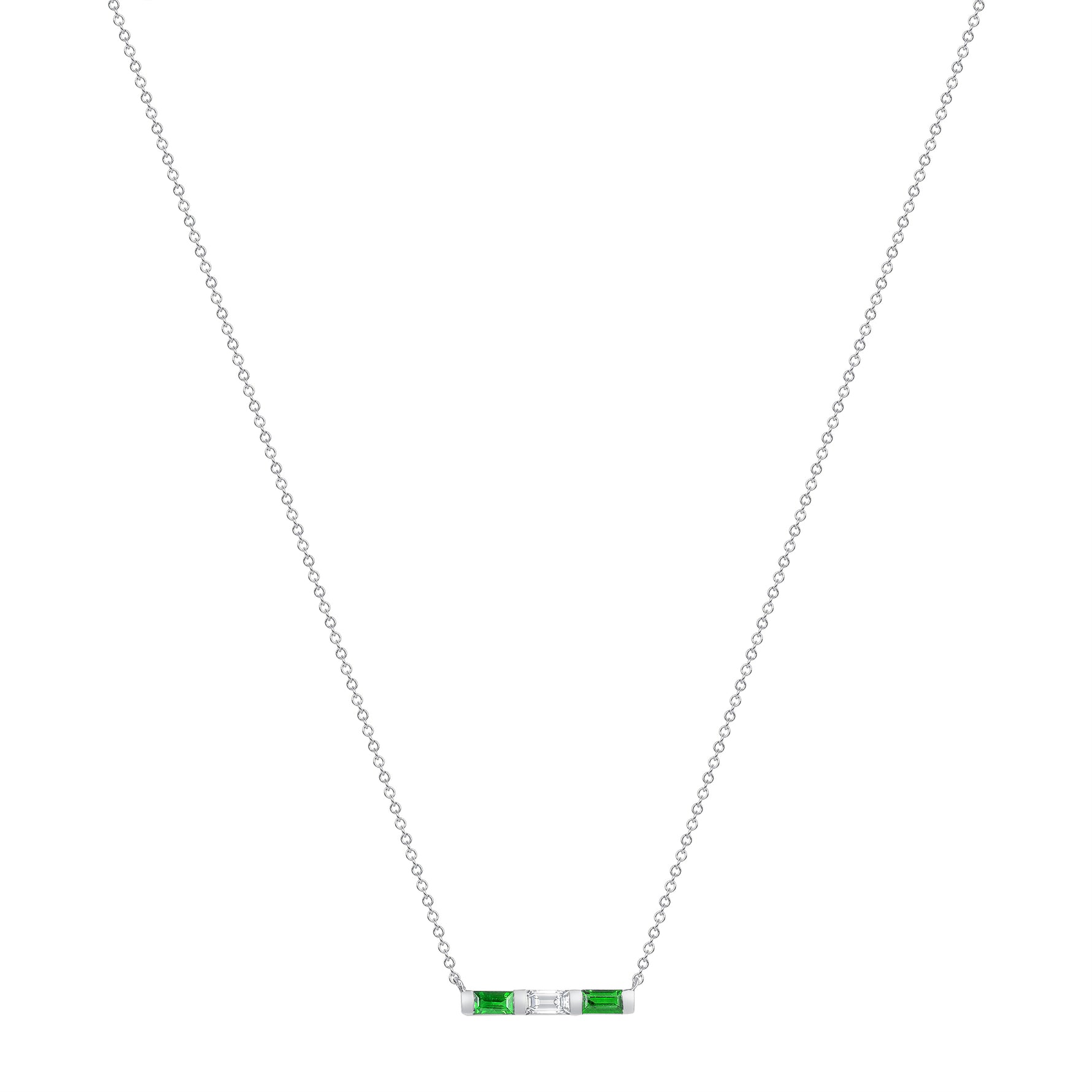 14K White Gold Baguette Emerald And Diamond Bar Pendant - Abtin & Company 