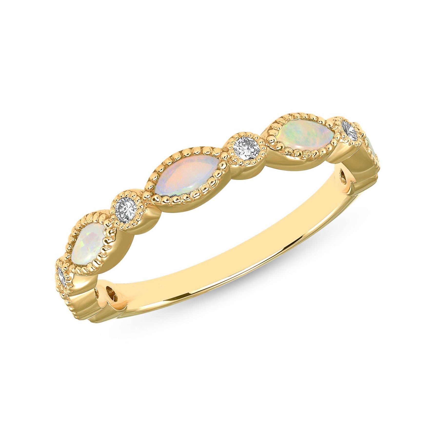 14K Gold Diamond & Opal Bead & Eye Bezel Ring/Stackable Ring - Abtin & Company 