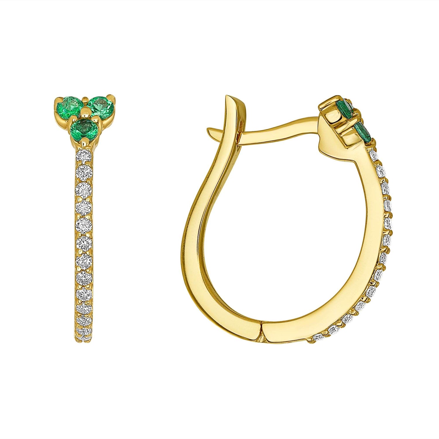 14k Gold Diamond and Emerald Flower Huggies - Abtin & Company 