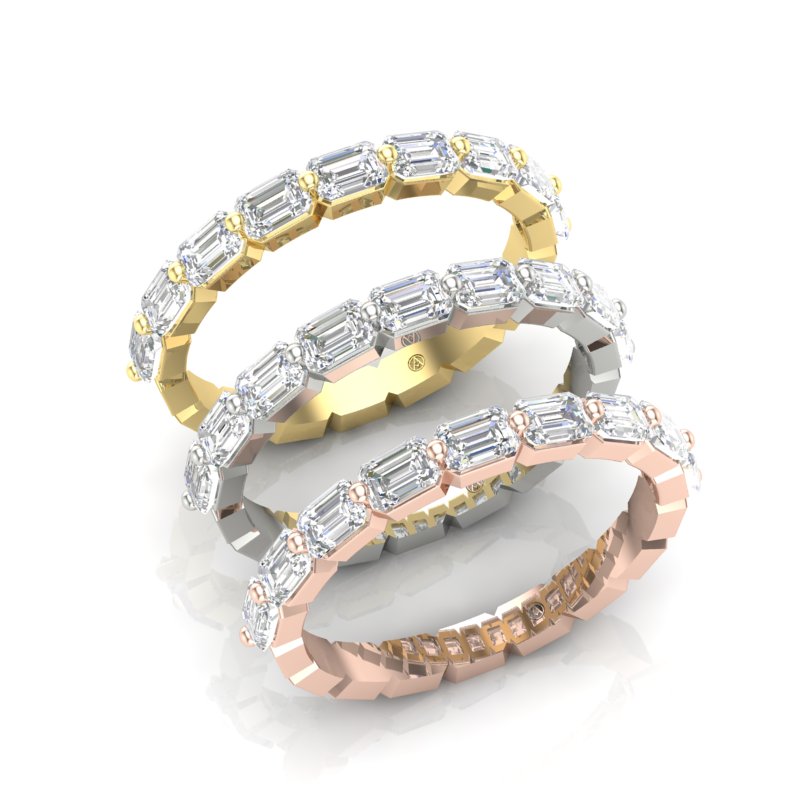 14K Gold Emerald Cut Halfway East West Eternity Modern Prong Set Lab Grown Diamond Wedding Band Ring - Abtin & Company 