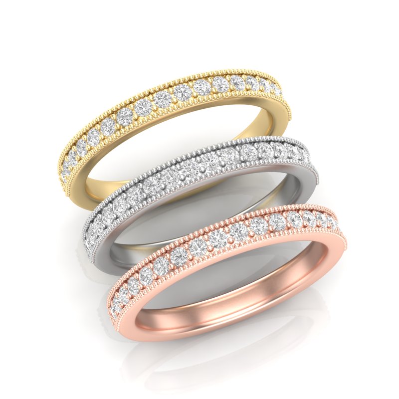14K Gold Round Halfway Eternity Milgrain Chanel Pre Set Lab Grown Diamond Wedding Band Ring - Abtin & Company 