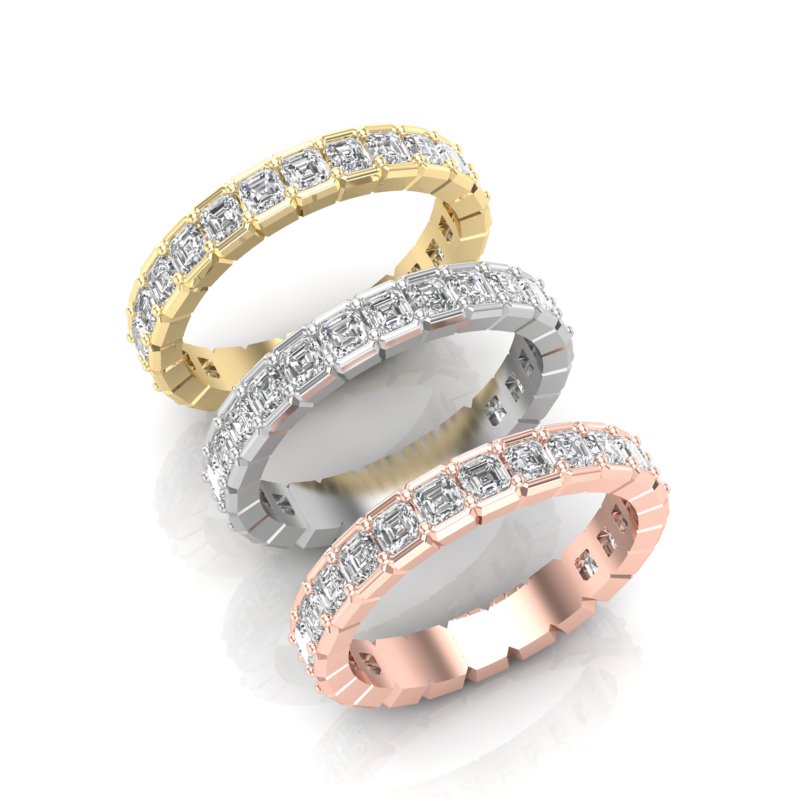 14K Gold Ascher Cut Three Quarter Way Eternity Half Bezel Set Lab Grown Diamond Wedding Band Ring - Abtin & Company 