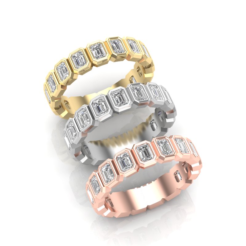 14K Gold Emerald Cut Three Quarter Way Vertical Eternity Bezel Set Lab Grown Diamond Wedding Band Ring - Abtin & Company 