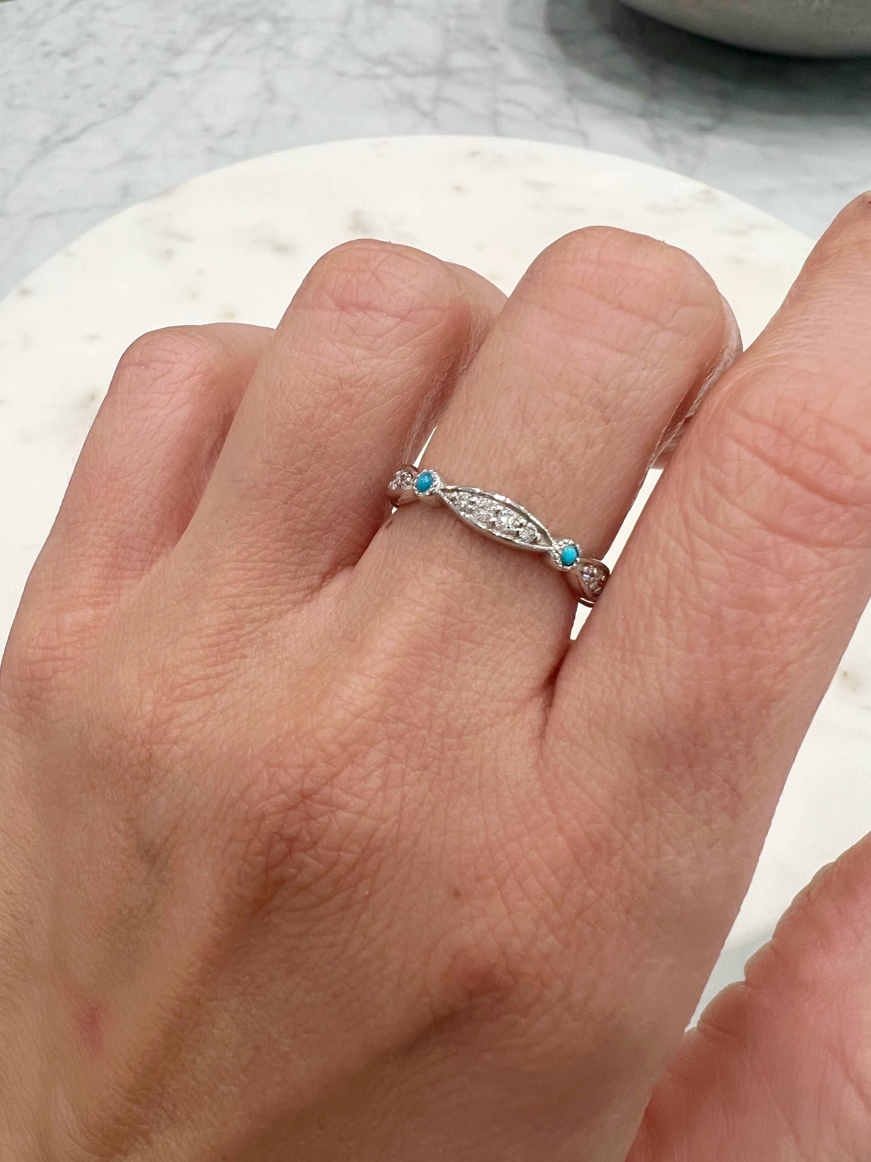 14K diamond and Turquoise Marquise & Dot Design Stacking Ring - Abtin & Company 