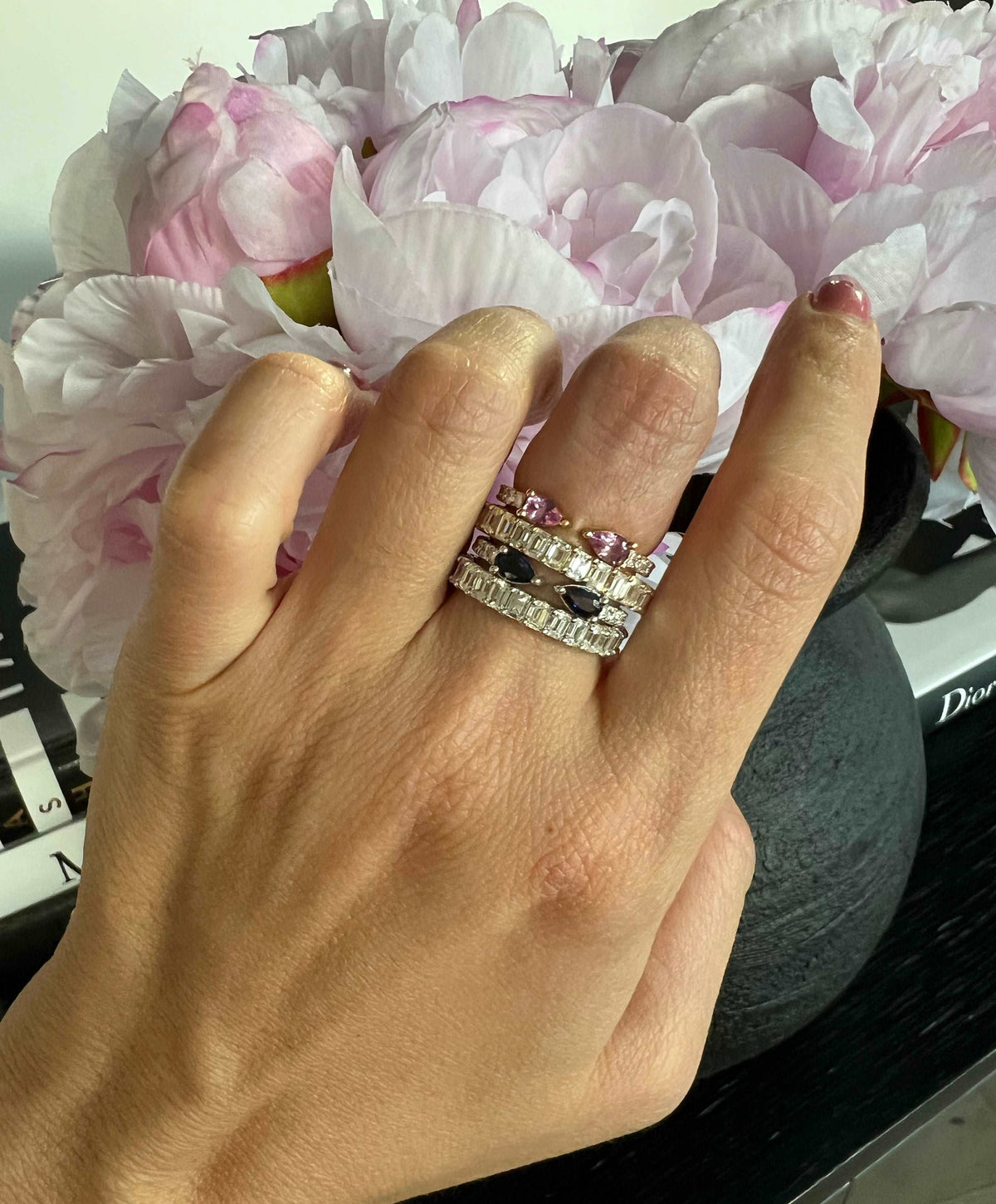 14K Gold diamond and Pink Sapphire Open Cuff Stackable Ring - Abtin & Company 