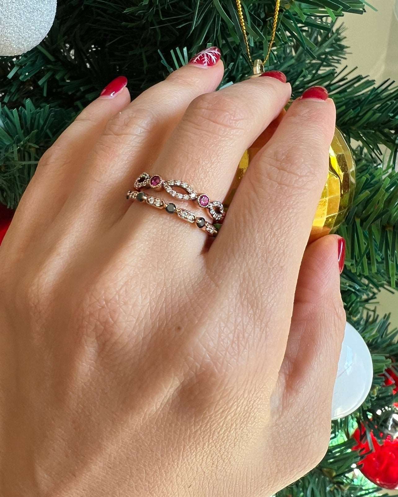 14K Gold Diamond & Orange Sapphire Bead & Eye Bezel Set Stacking Ring - Abtin & Company 