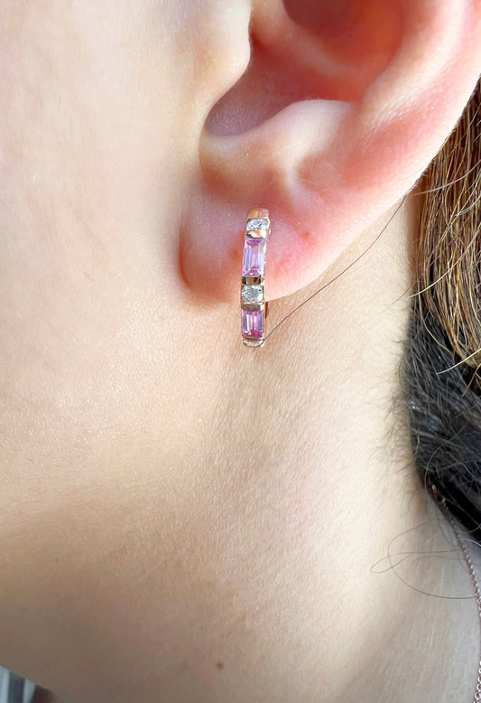 14K Gold Pink Sapphire & Diamond Huggie Earrings - Abtin & Company 