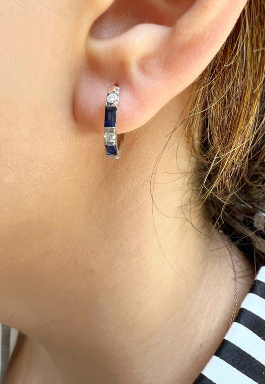 14K Gold Blue Sapphire & Diamond Huggie Earrings - Abtin & Company 
