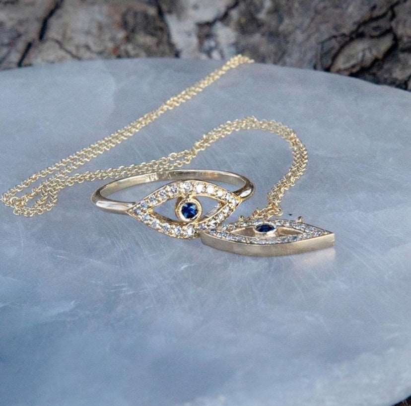 14K Gold Diamond & Blue Sapphire Evil Eye Pendant - Abtin & Company 