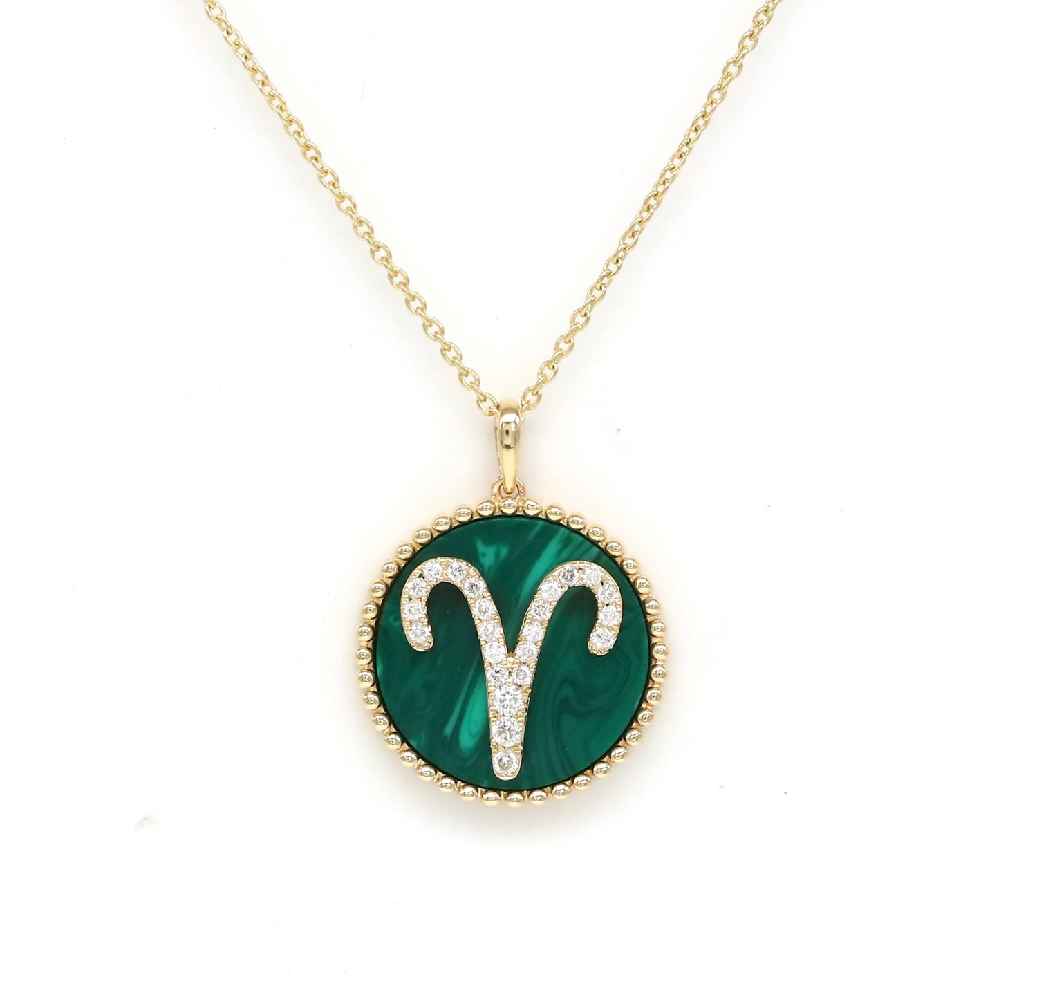 14K Gold Malachite & Diamond Aries Zodiac Medallion