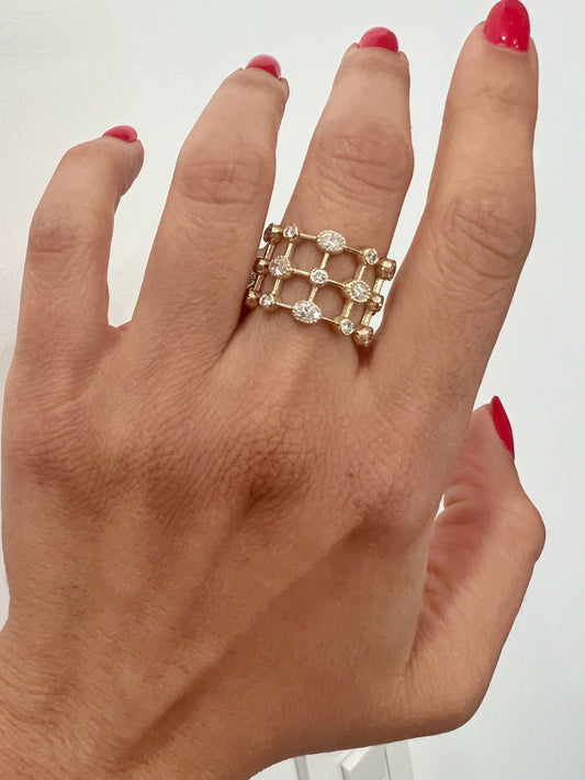 14K Yellow Gold Multi Shape Diamond Lace Cigar Ring Band - Abtin & Company 