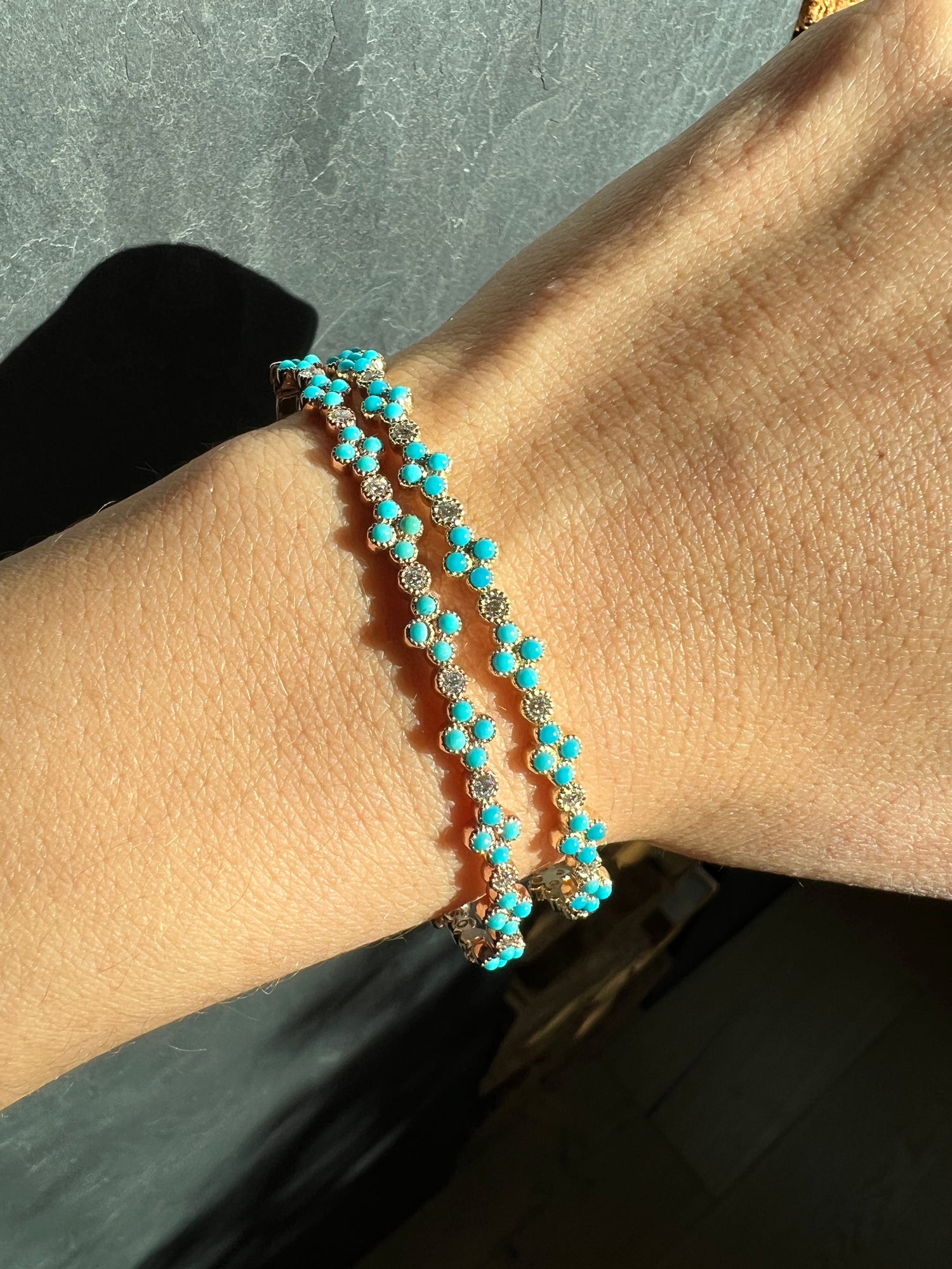14K Gold Turquoise & Diamond Clover Bangle - Abtin & Company 