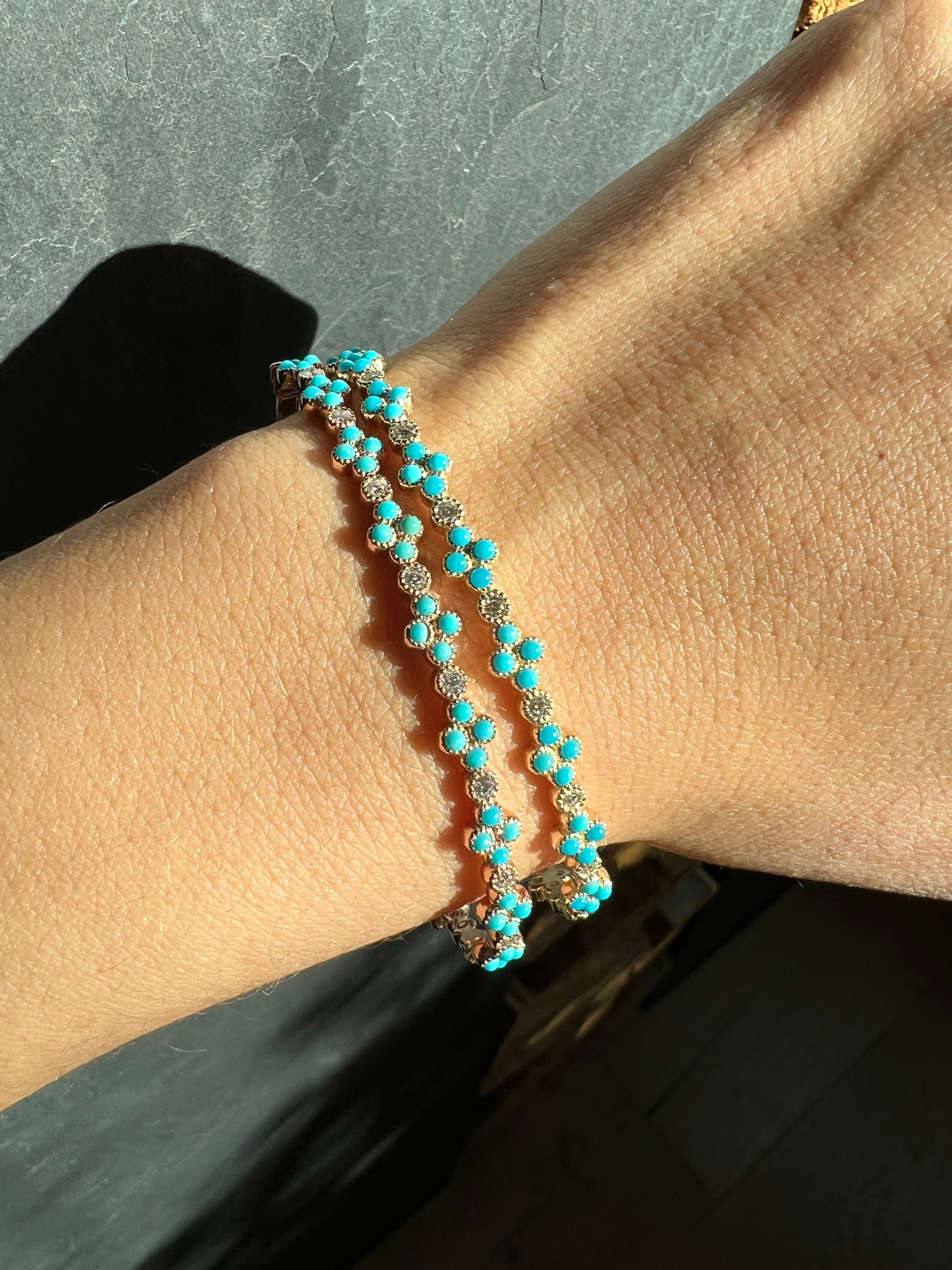 14K Gold Turquoise & Diamond Clover Bangle - Abtin & Company 