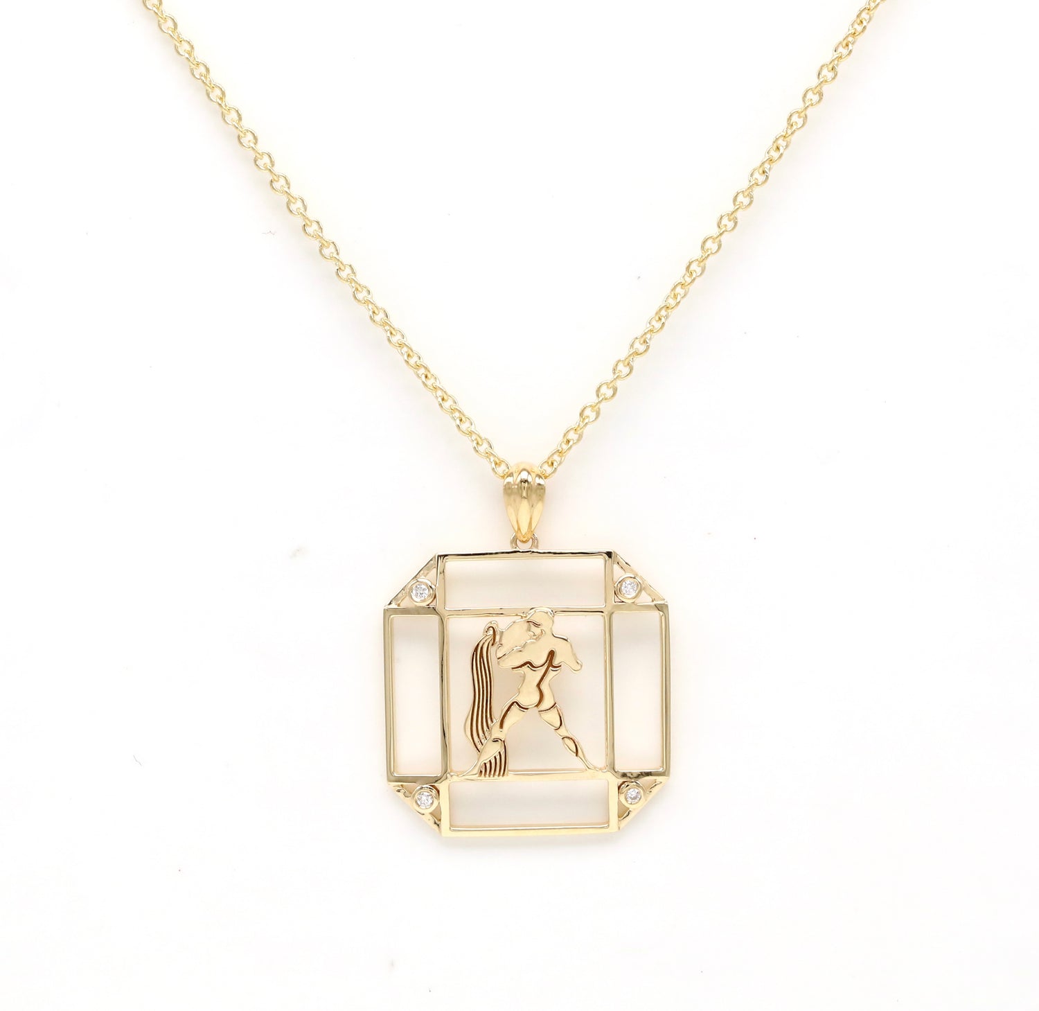 14K Gold & Diamond Aquarius Horoscope Square Pendant Necklace