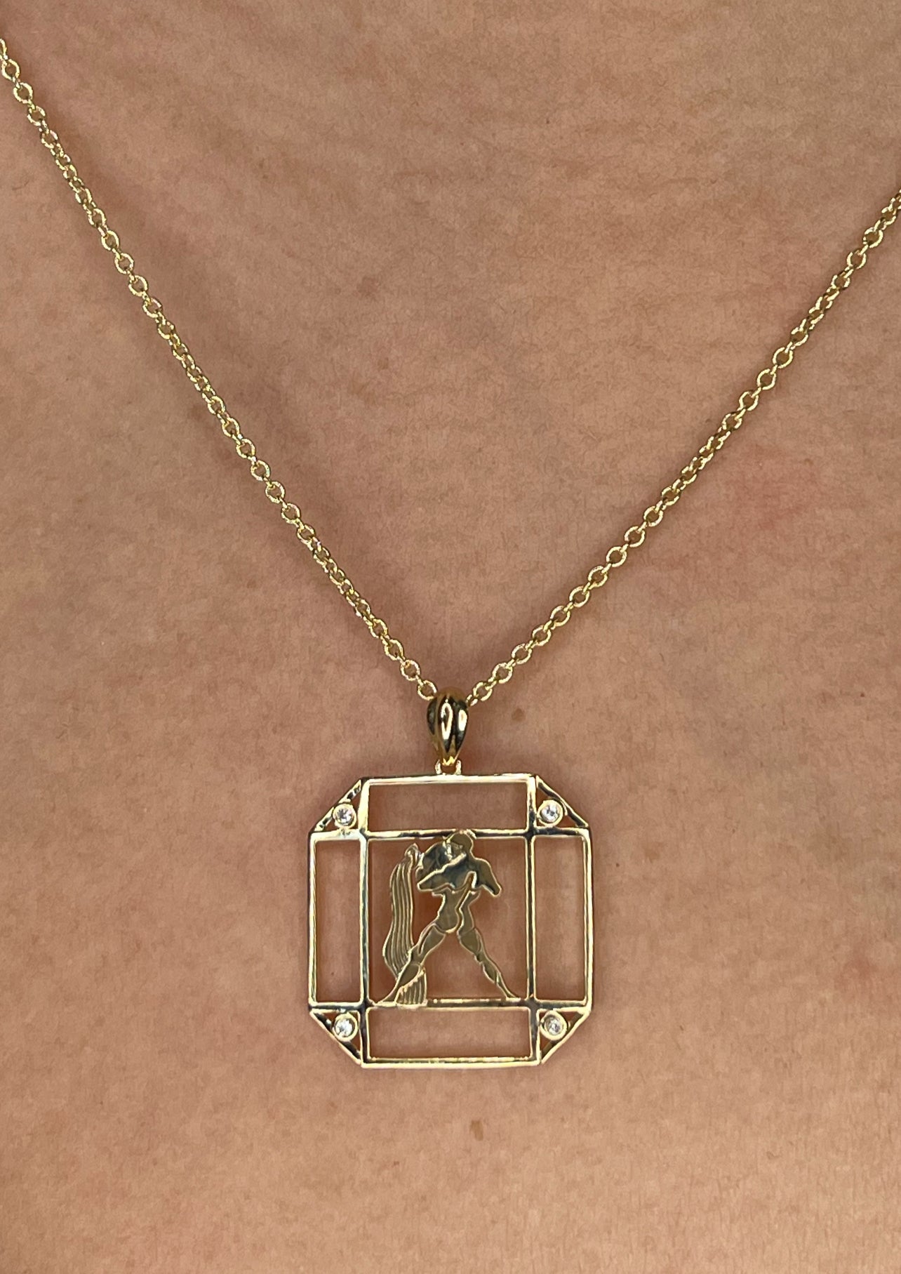 14K Gold Lapis & Diamond Aquarius Horoscope Square Pendant Necklace