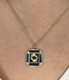 14K Gold Onyx & Diamond Pisces Horoscope Square Pendant Necklace