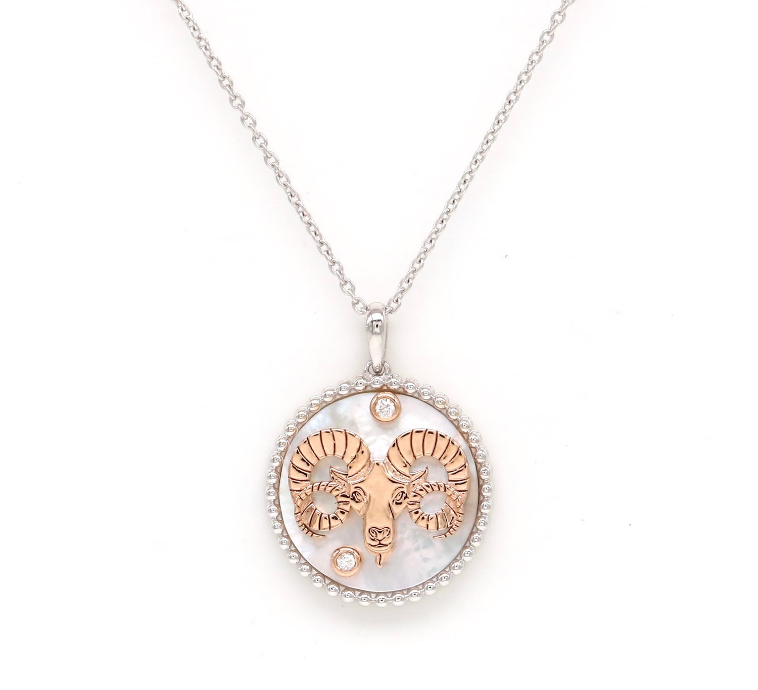 14K Two-toned Gold White Mother of Pearl & Diamond Aries Horoscope Medallion