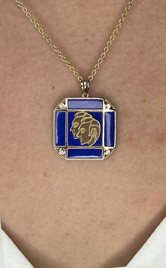 14K Gold Onyx & Diamond Gemini Horoscope Square Pendant Necklace