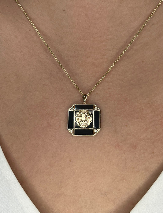 14K Onyx & Diamond Leo Horoscope Square Pendant Necklace
