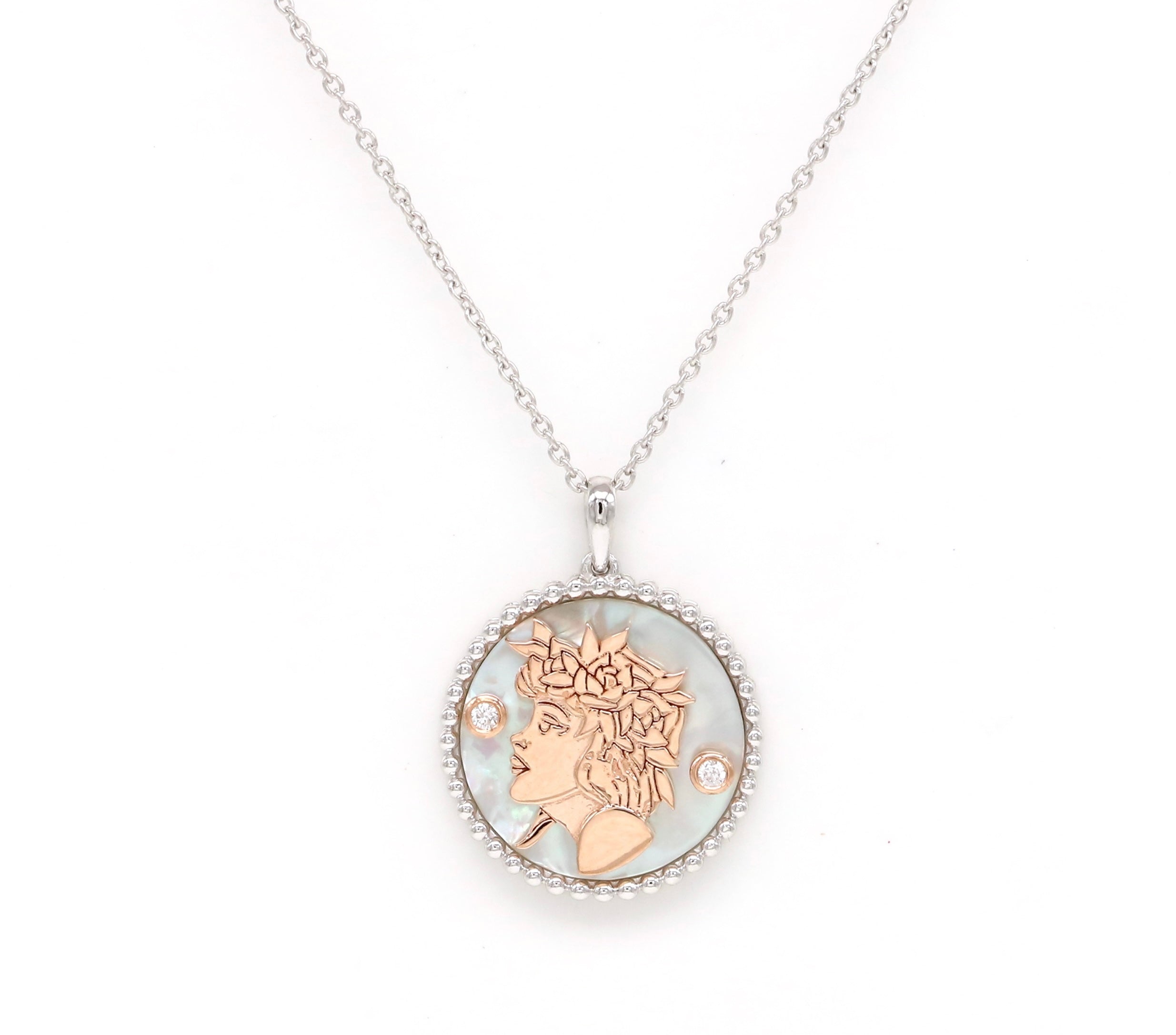 14K Two-toned Gold White Mother of Pearl & Diamond Virgo Horoscope Medallion