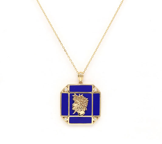 14K Gold Lapis & Diamond Virgo Horoscope Square Pendant Necklace