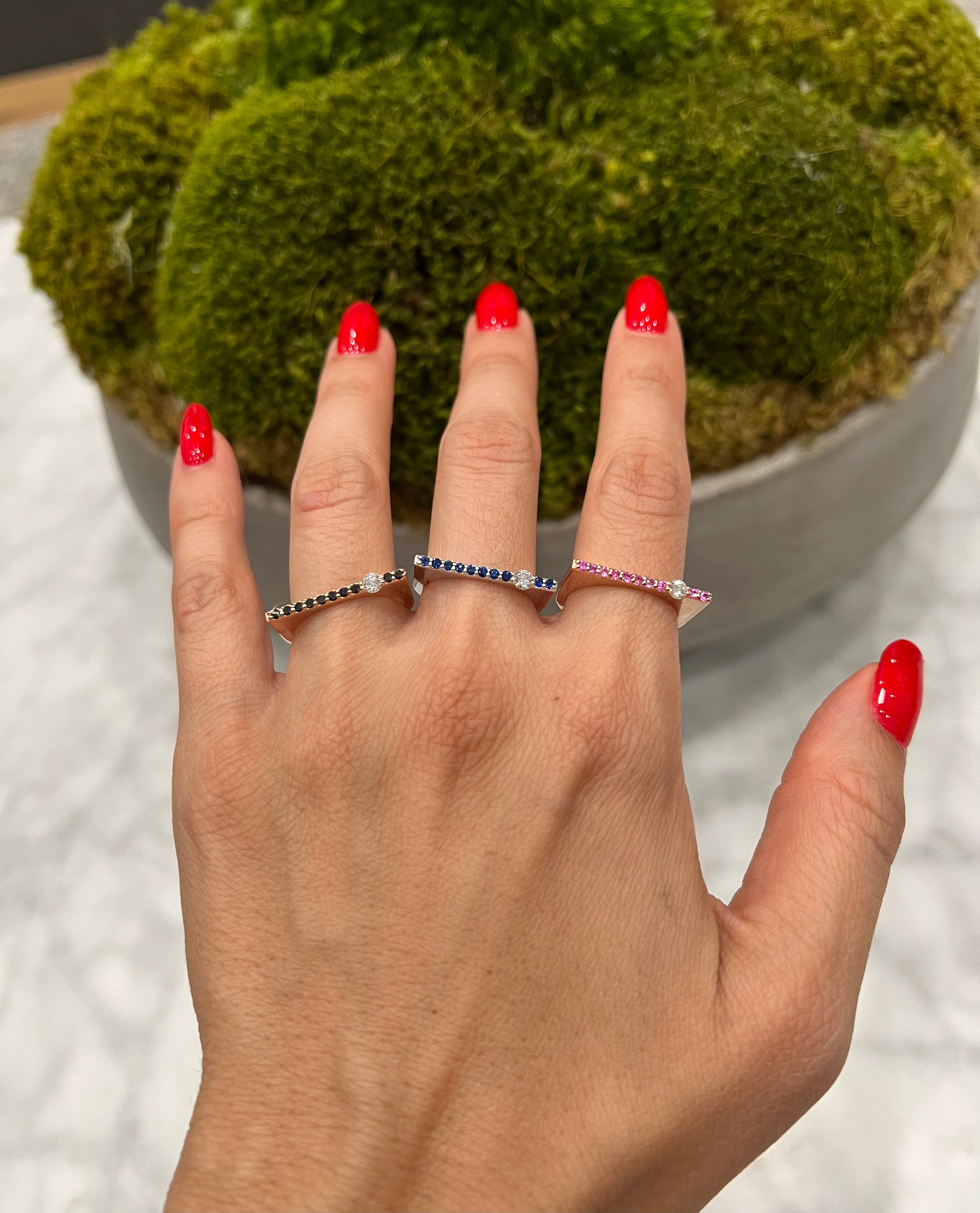14K Yellow Gold Blue Sapphire And Diamond Stacking Bar Ring - Abtin & Company 