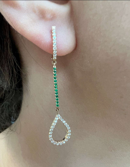 14K Gold Diamond & Emerald Teardrop Dangle Earring - Abtin & Company 