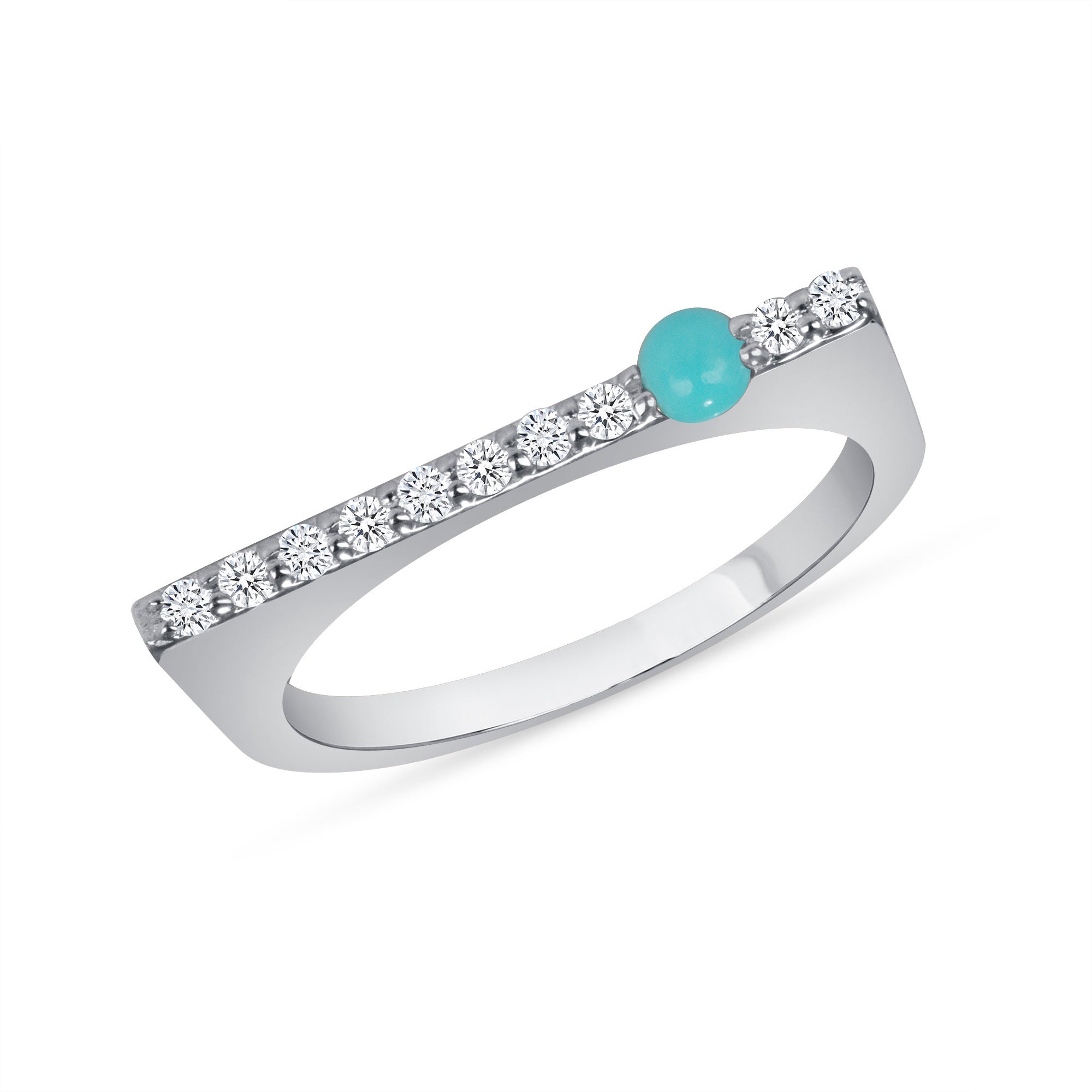 14K Gold Modern Dainty Bar Diamond & Turquoise Stackable Ring - Abtin & Company 