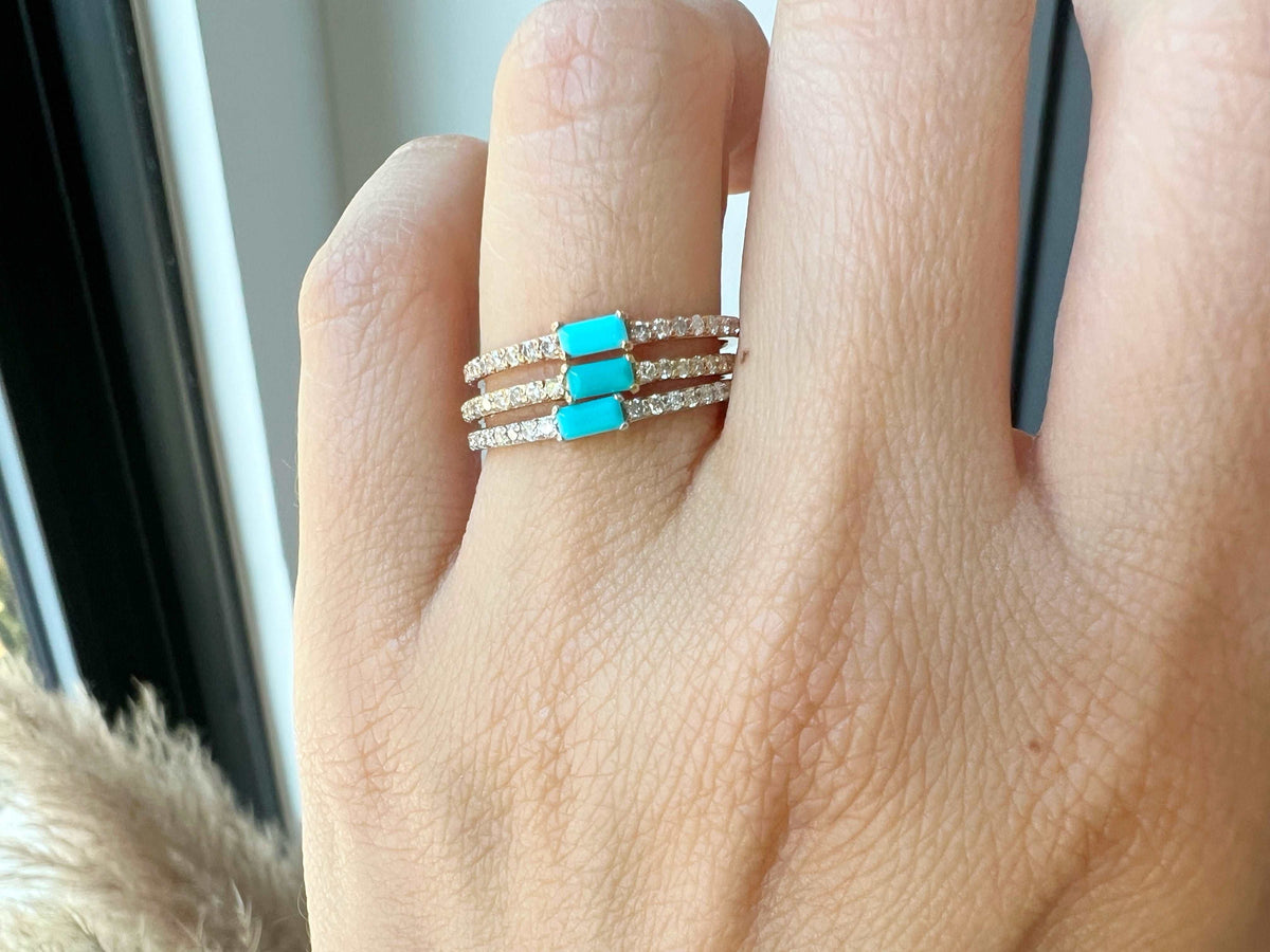 14K Gold Diamond & Turquoise Stackable Ring Wedding Band - Abtin & Company 