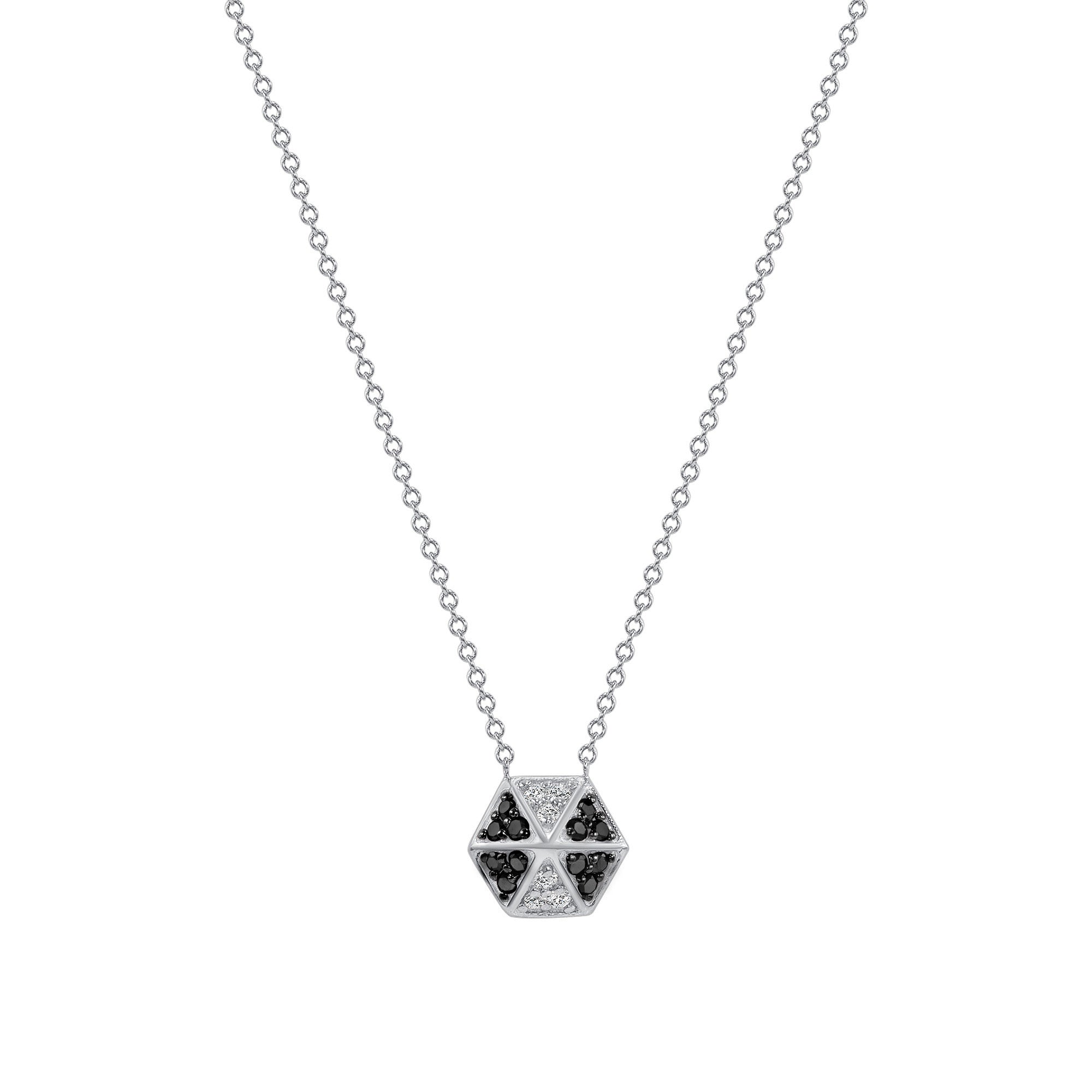 14k White Gold Hexagon Diamond & Black diamond Necklace - Abtin & Company 