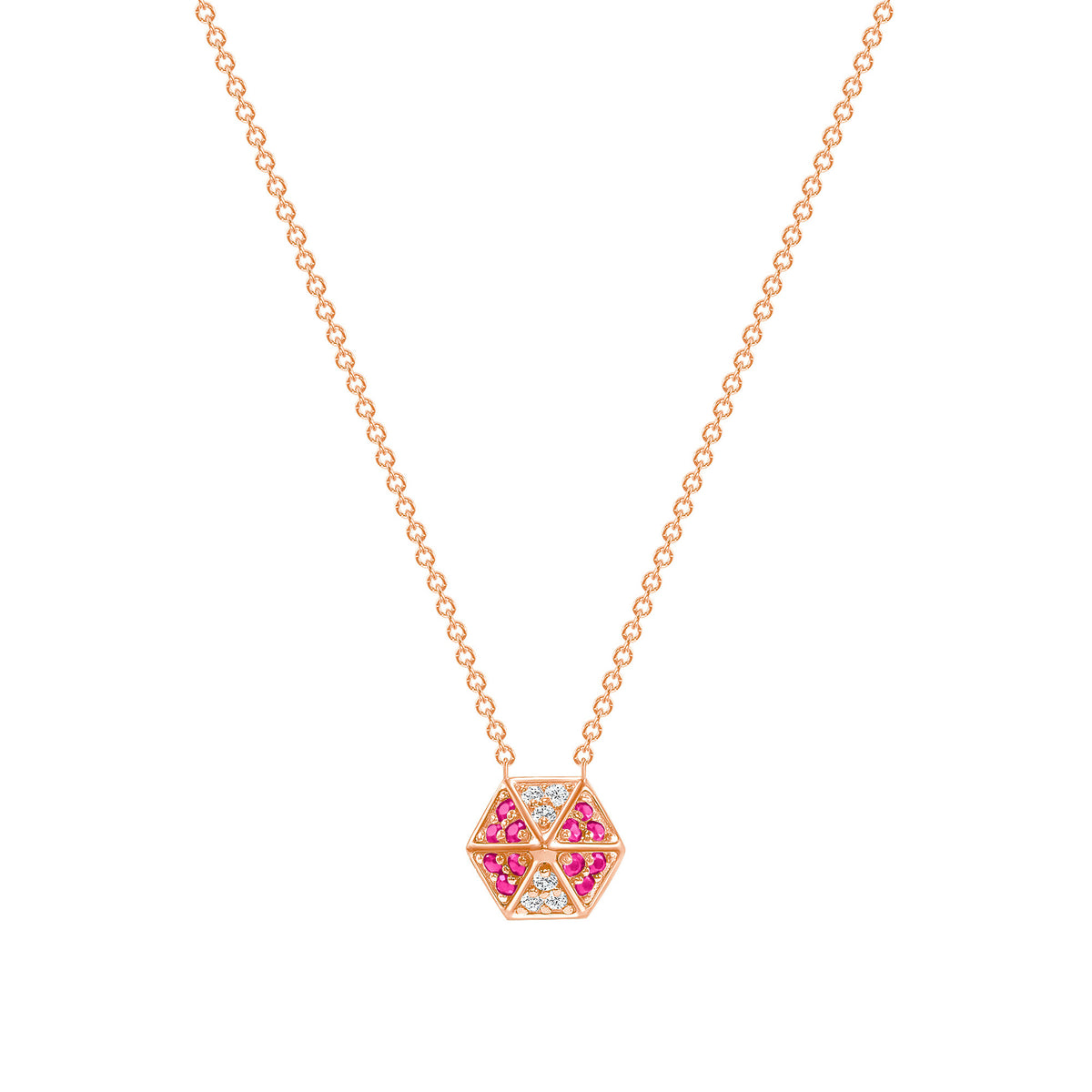 14K Rose Gold Hexagon Diamond & Pink Sapphire Necklace - Abtin & Company 