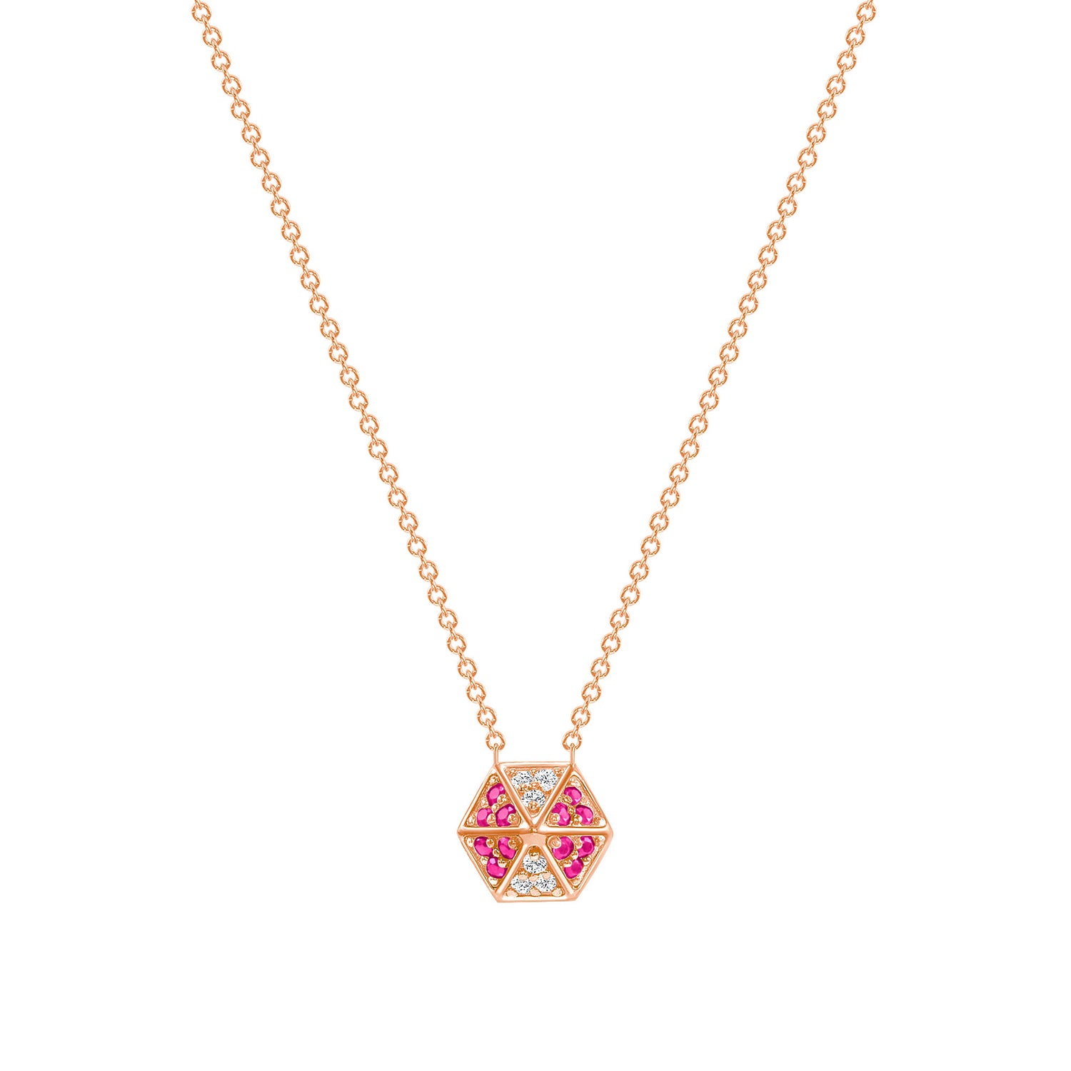 14K Rose Gold Hexagon Diamond & Pink Sapphire Necklace - Abtin & Company 