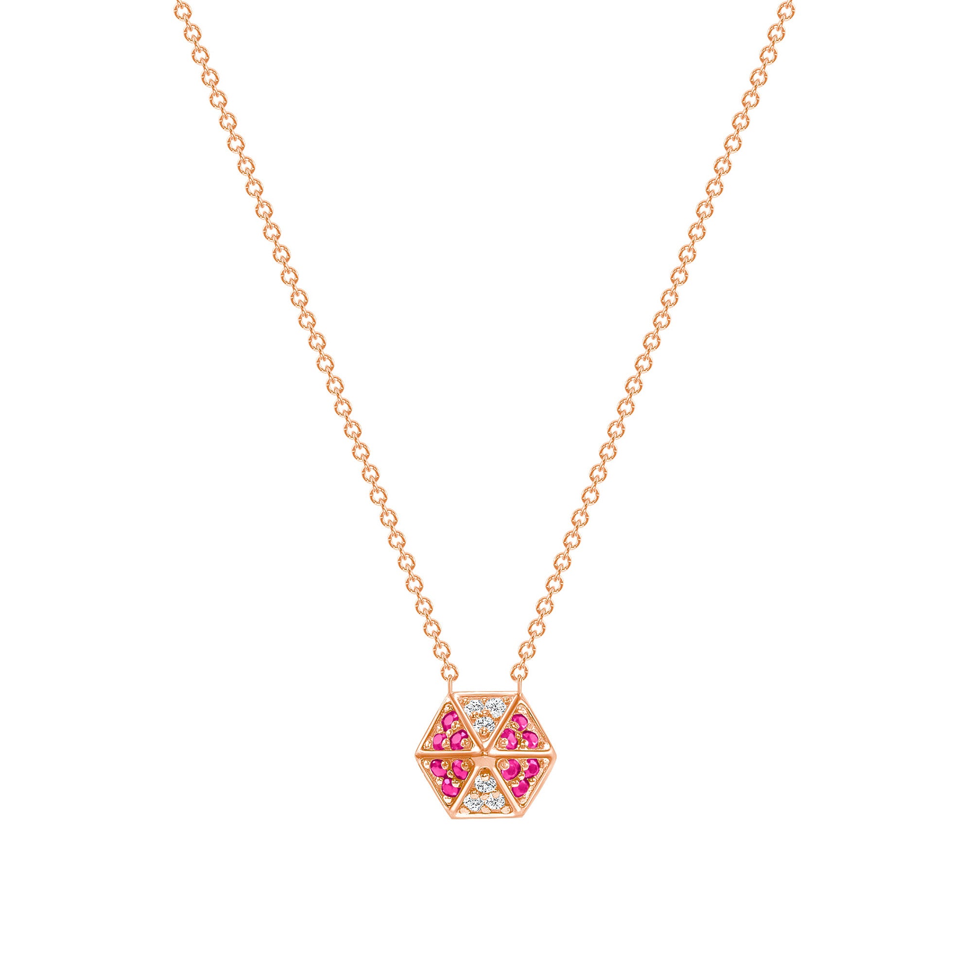 14K Rose Gold Hexagon Diamond & Pink Sapphire Necklace - Abtin & Company 