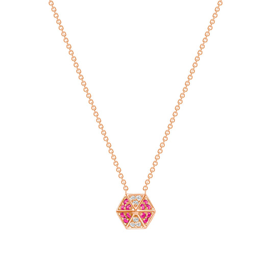 14K Rose Gold Hexagon Diamond & Pink Sapphire Necklace - Abtin & Company 