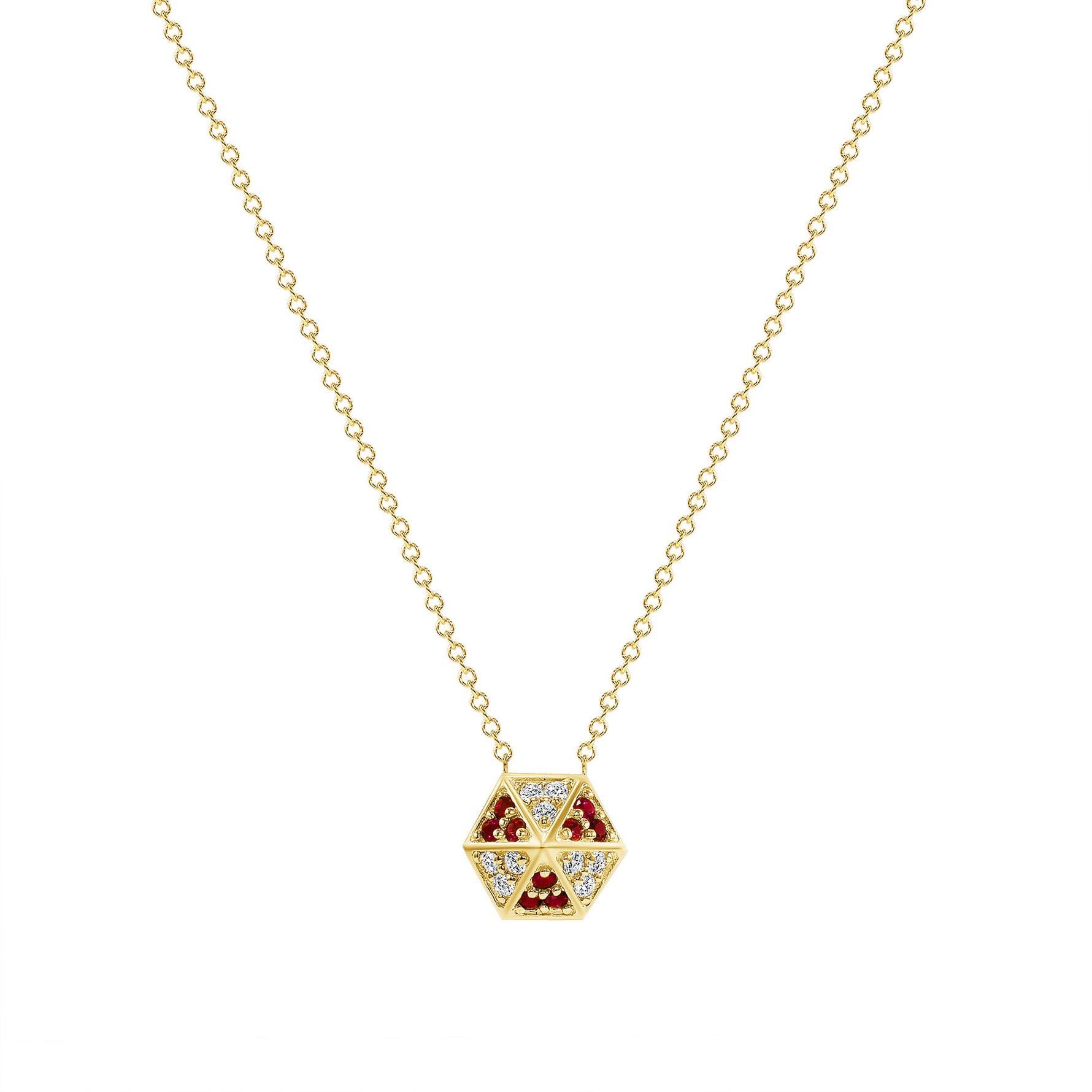 14k Yellow Gold Hexagon Diamond & Ruby Necklace - Abtin & Company 