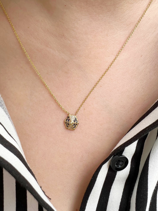 14k Yellow Gold Hexagon Diamond & Blue Sapphire Necklace - Abtin & Company 