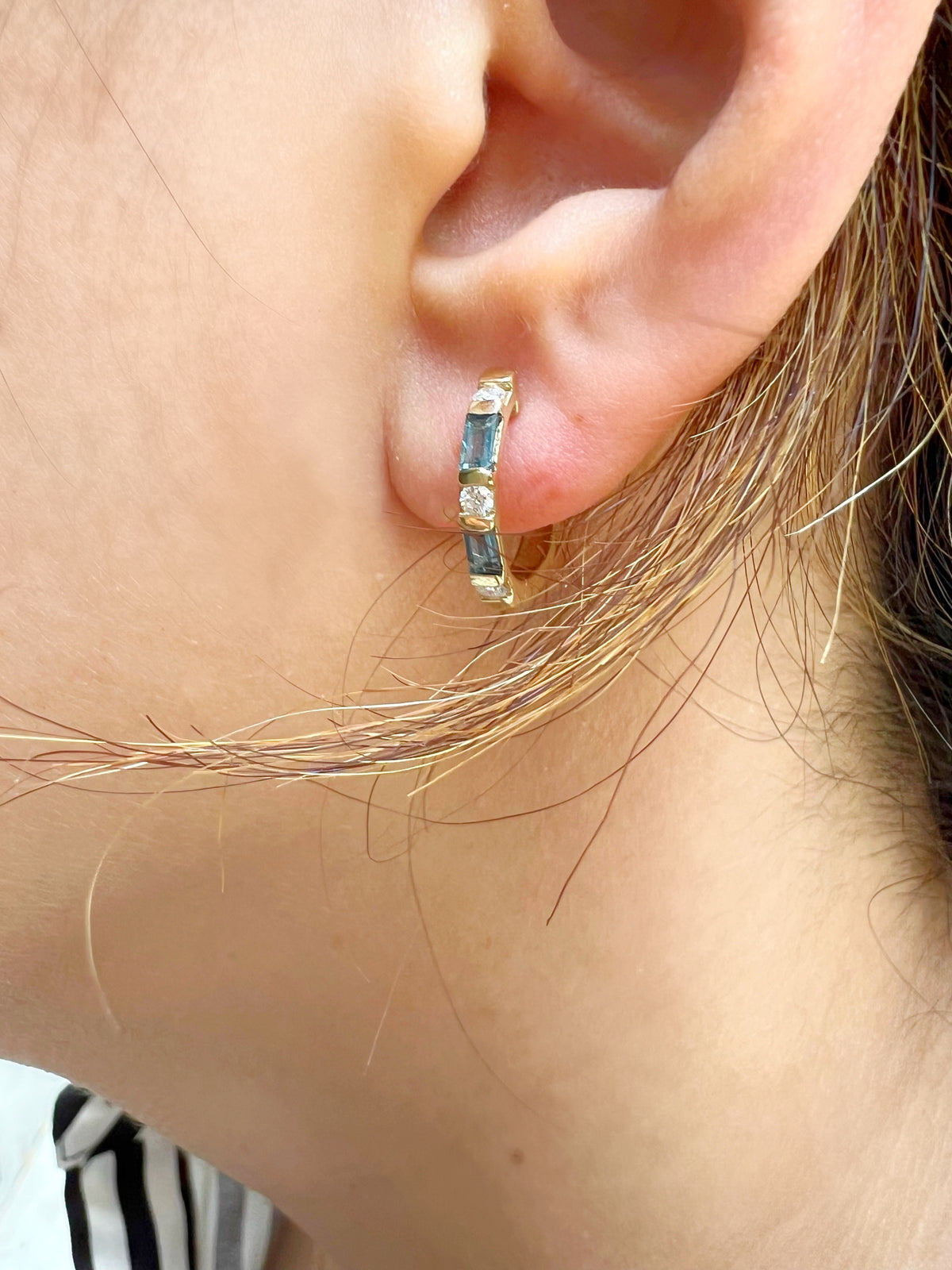 14K Gold London Blue Topaz & Diamond Huggie Earrings - Abtin & Company 