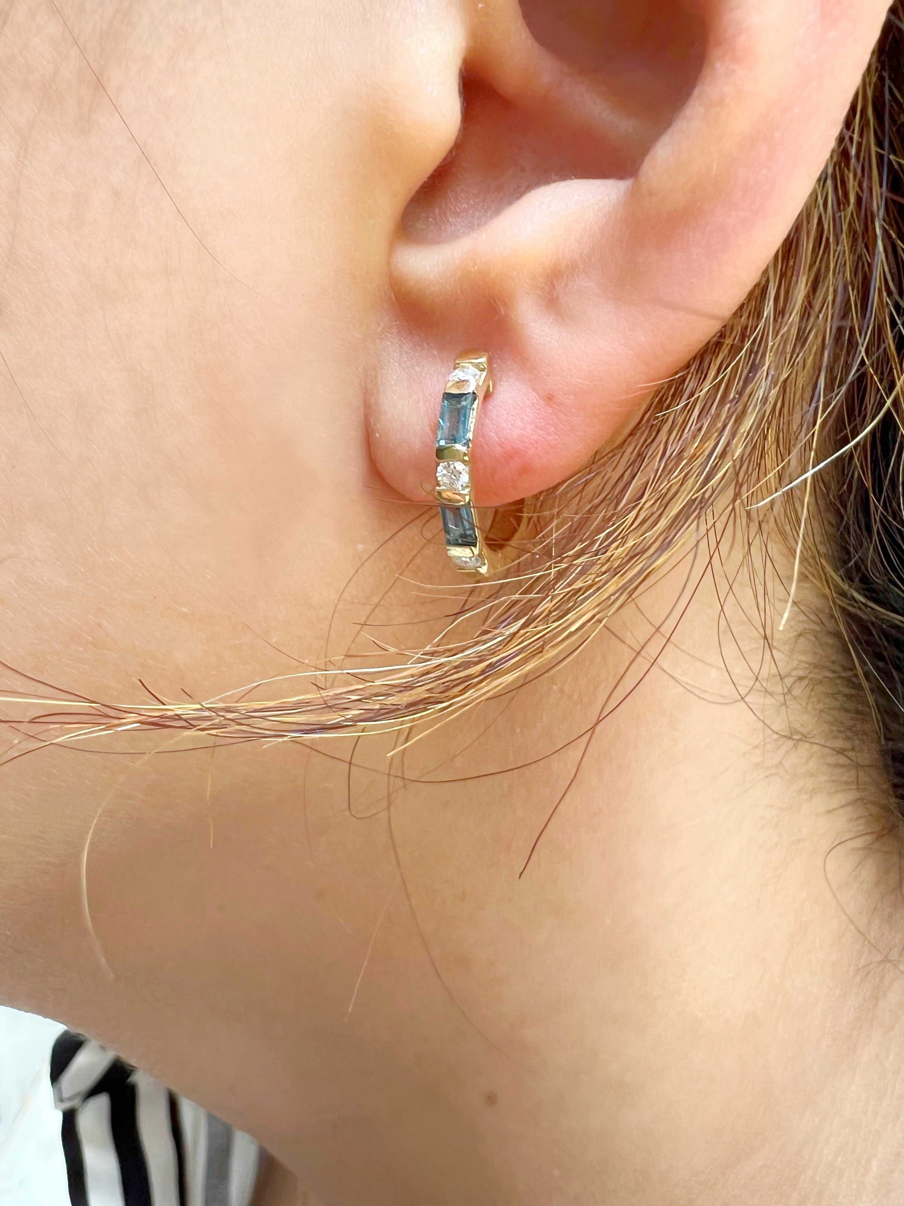 14K Gold London Blue Topaz & Diamond Huggie Earrings - Abtin & Company 