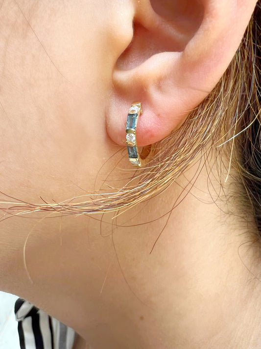 14K Gold London Blue Topaz & Diamond Huggie Earrings - Abtin & Company 