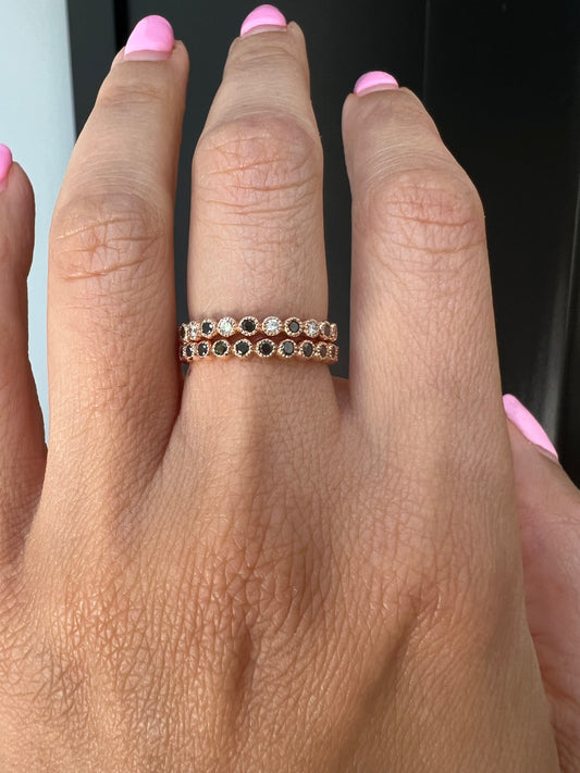 14K Gold Alternate Black Diamond & Diamond Bezel Stacking Ring - Abtin & Company 