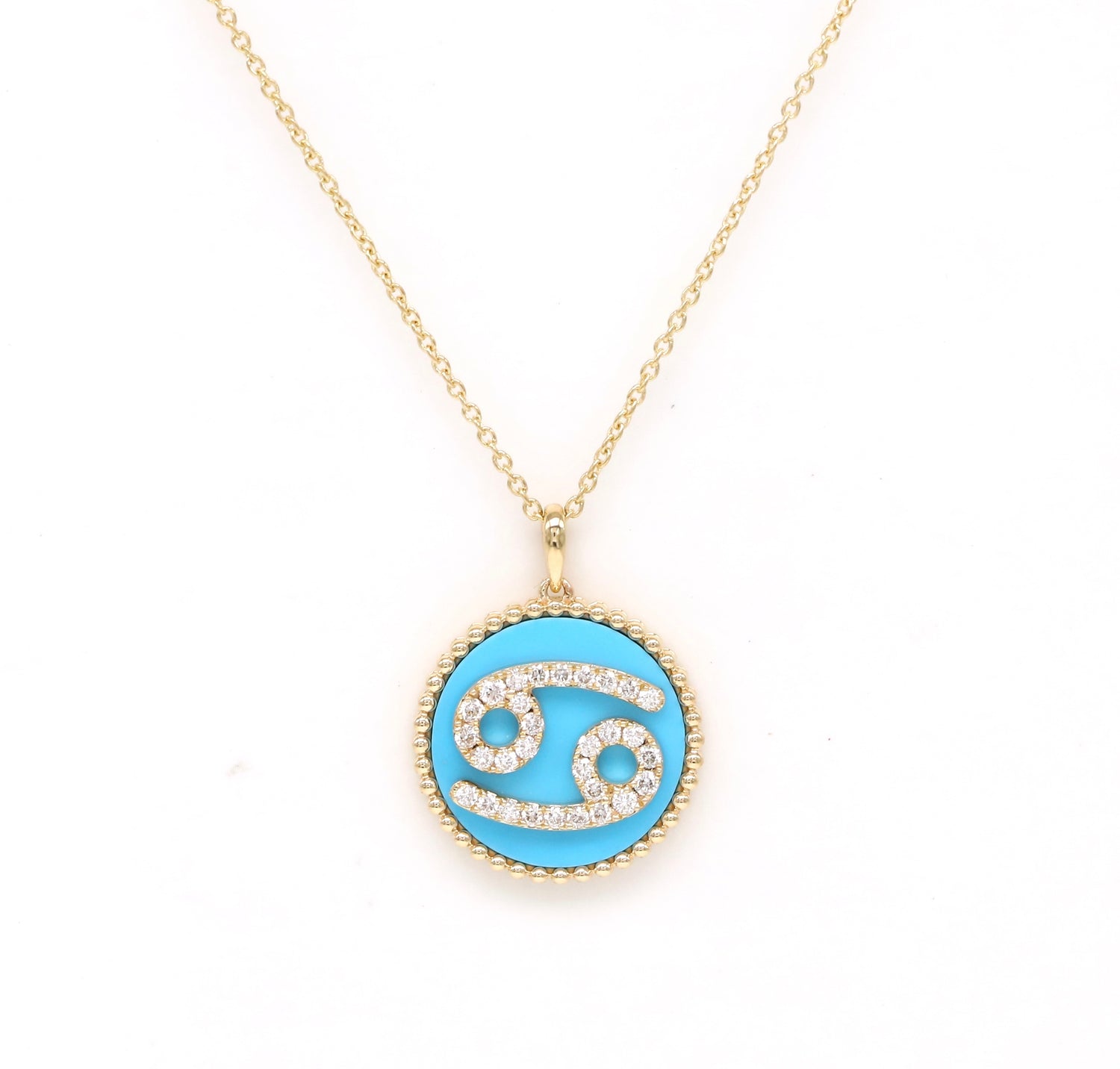 14K Gold Turquoise & Diamond Cancer Zodiac Medallion
