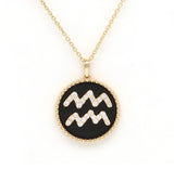 14K Gold Onyx & Diamond Aquarius Zodiac Medallion