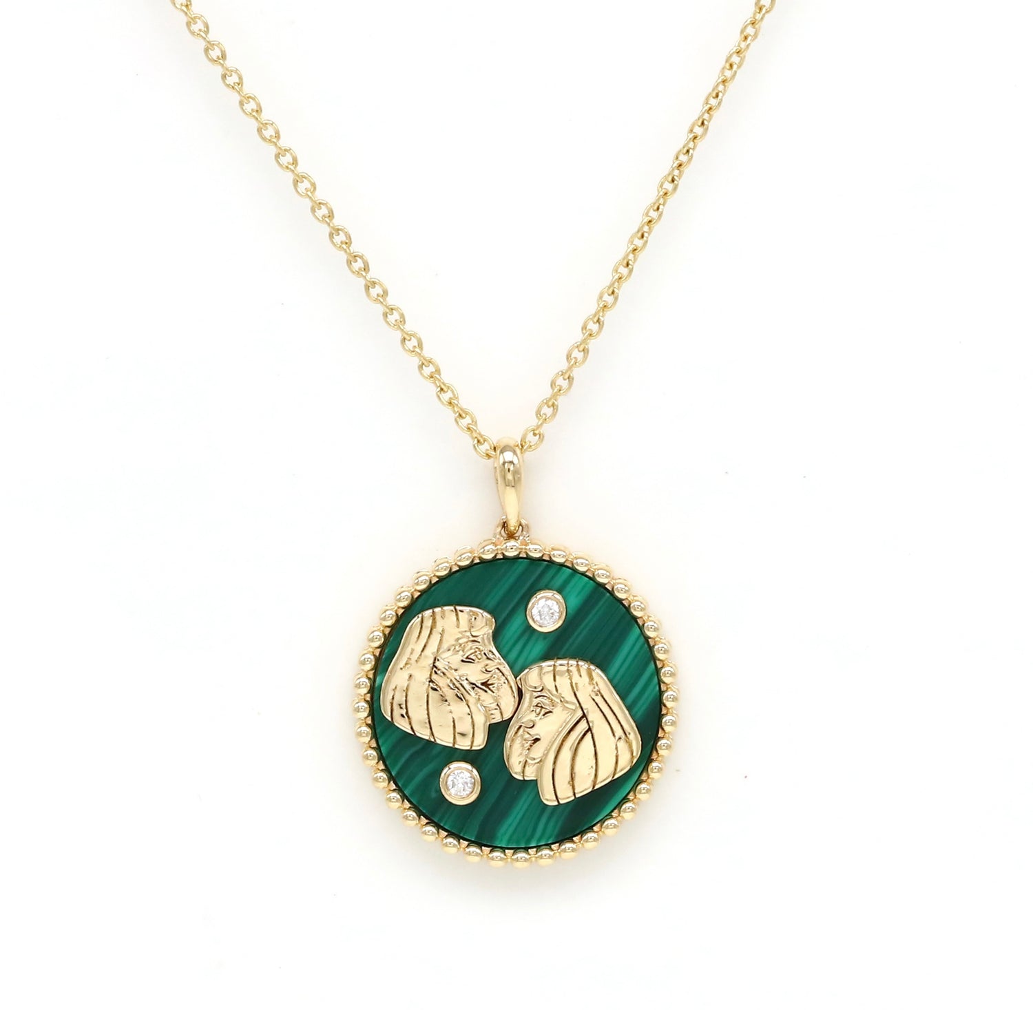 14K Gold Malachite & Diamond Gemini Horoscope Medallion