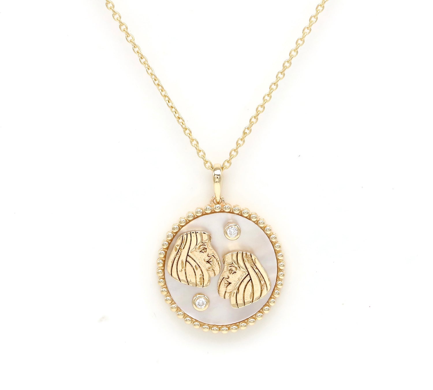 14K Gold White Mother of Pearl & Diamond Gemini Horoscope Medallion