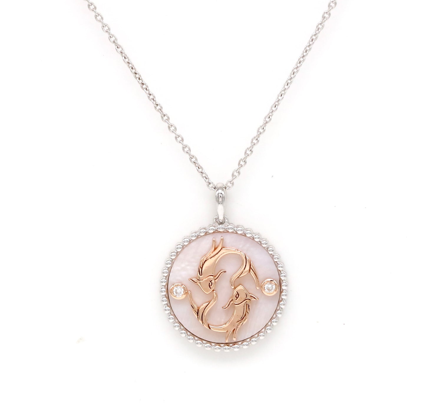 14K Two-toned Gold Pink Mother of Pearl & Diamond Pisces Horoscope Medallion