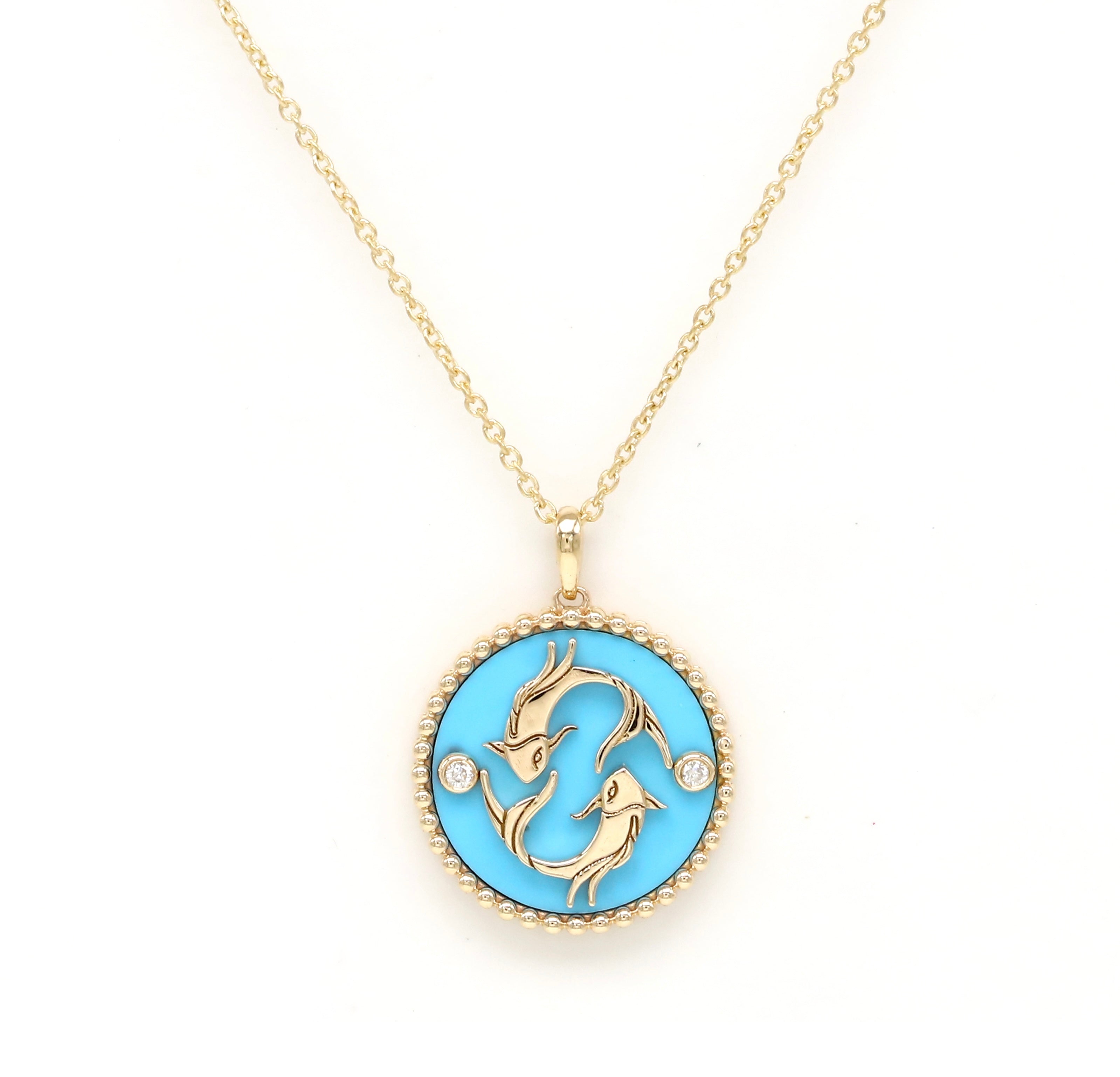 14K Gold Turquoise & Diamond Pisces Horoscope Medallion